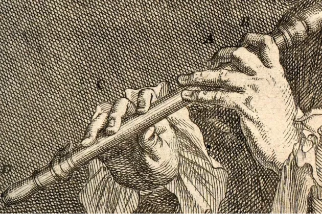 Detalj av ett kopparstick med händer som spelar flöjt.