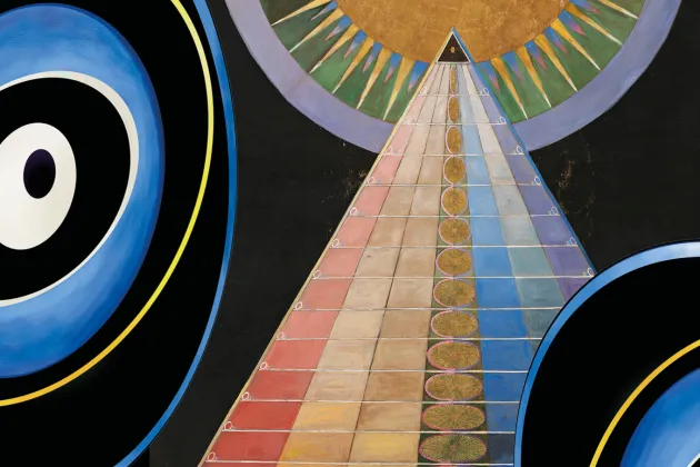 Färgglad målning av Hilma af Klint samt abstrakta illustrationer.