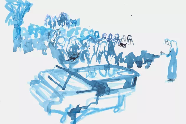 Teckning med piano och körmeddlemmar. Illustration.