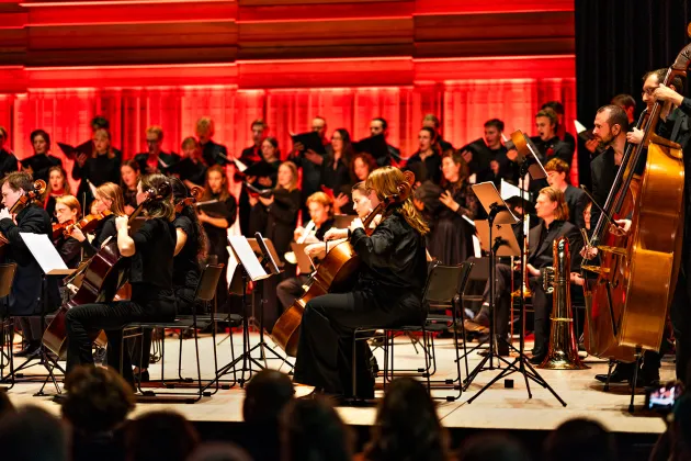 Orkestermedlemmar spelar. Foto.