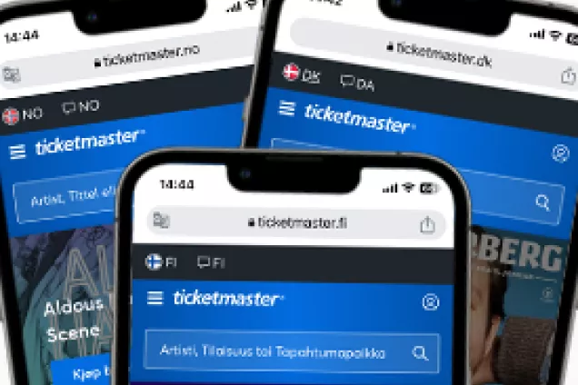 Bild på mobiler med Ticketmaster app. Photo.
