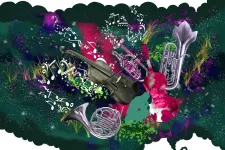 Kollage med instrument och noter. Illustration.