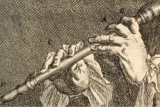 Detalj av ett kopparstick med händer som spelar flöjt.