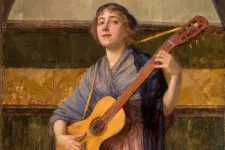 Målning med kvinna som spelar gitarr. Photo.